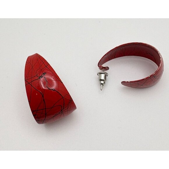 Vintage 80s Red Hoop Earrings Grafitti Abstract Design Chunky Bold - Picture 4 of 7